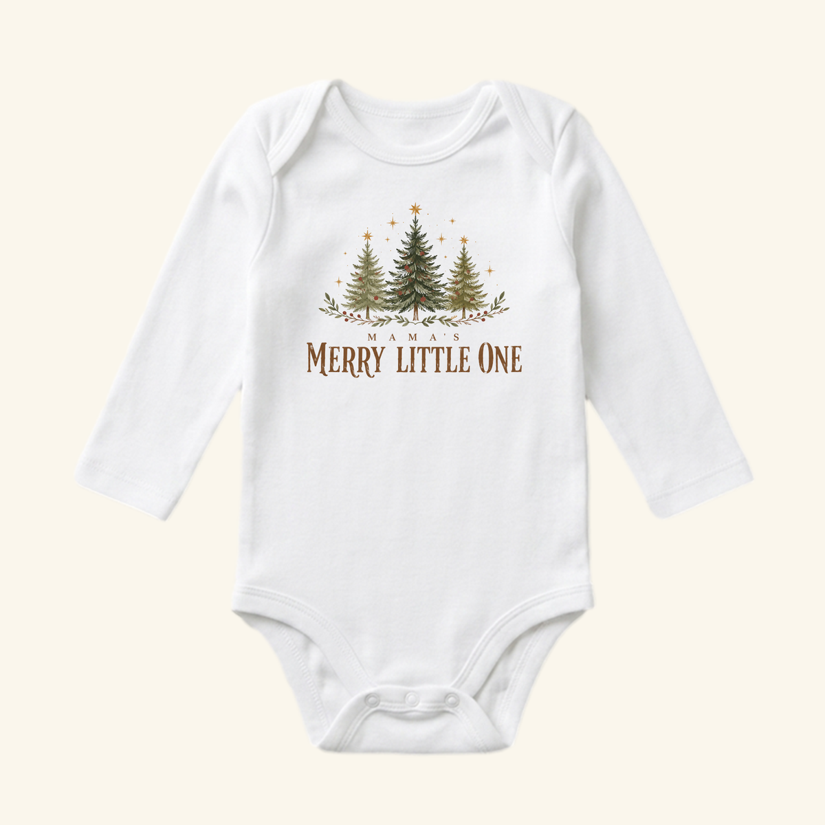 White long-sleeve Mama’s Merry Little One Baby Onesie – Christmas Tree Bodysuit with an illustration of three trees and the text MAMAS MERRY LITTLE ONE printed on the chest.