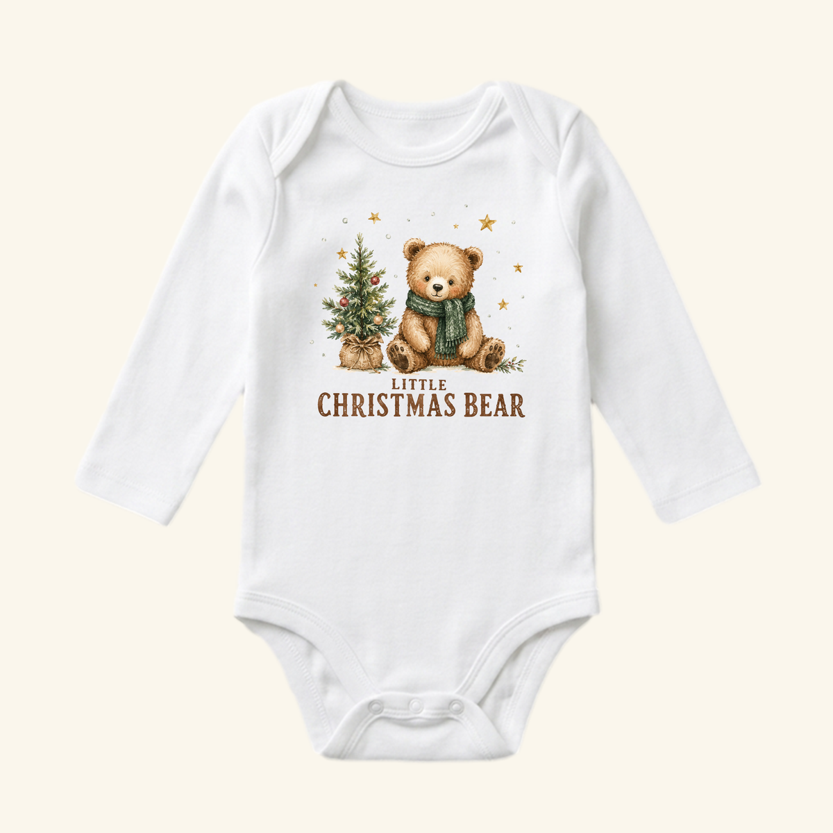 Little Christmas Bear Baby Onesie – Cute Teddy Bear Christmas Bodysuit, featuring a white long-sleeve design with a teddy bear in a green scarf next to a small Christmas tree.