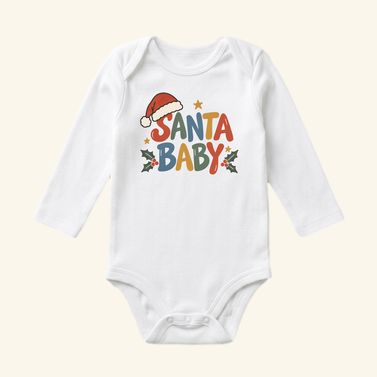 Toodleroos Santa Baby Onesie – Retro Christmas Santa Hat Bodysuit in white, featuring SANTA BABY in colorful lettering, accented by a Santa hat, stars, and holly leaves.
