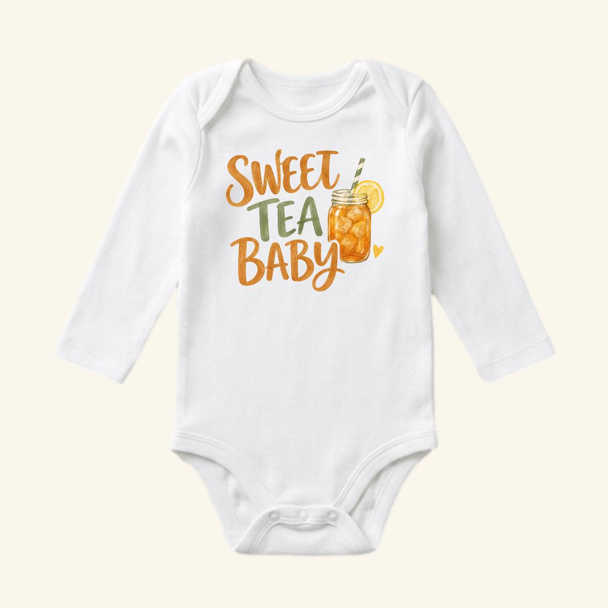Toodleroos Sweet Tea Baby Onesie – Southern Mason Jar Iced Tea Bodysuit, a long-sleeved white onesie featuring a mason jar of iced tea with a lemon slice.