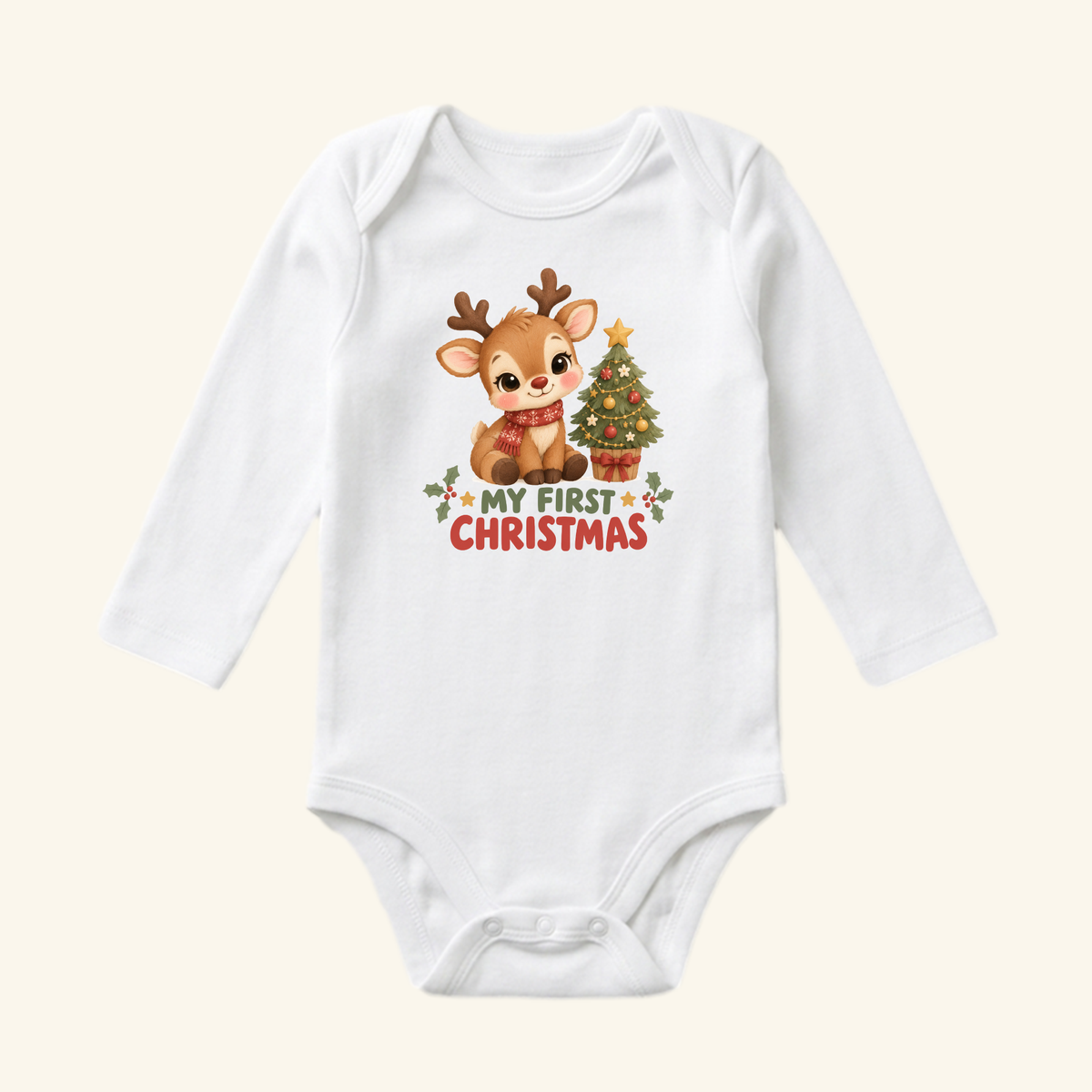 Toodleroos My First Christmas Baby Onesie – Cute Reindeer & Tree Bodysuit featuring a white long-sleeve bodysuit with a cartoon reindeer sitting next to a Christmas tree and the text My First Christmas.