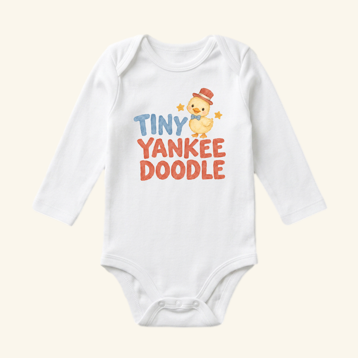 Tiny Yankee Doodle Baby Onesie – Patriotic Duckling Bodysuit featuring a white long-sleeve bodysuit with a watercolor duckling in a red top hat and blue bow tie, and the text TINY YANKEE DOODLE in blue and red.