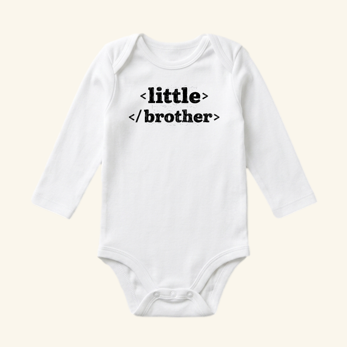 White long-sleeve Little Brother Baby Onesie – HTML Code Sibling Bodysuit with little above brother printed on the chest.