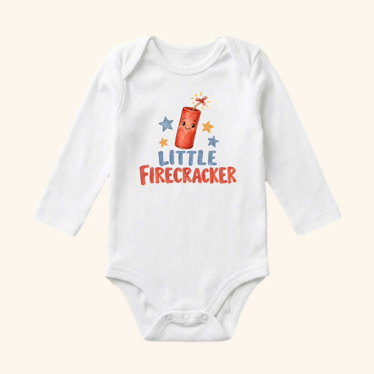White long-sleeve Little Firecracker Baby Onesie – Cute Smiling Firecracker Bodysuit featuring a cartoon firecracker character with the text Little Firecracker and surrounding stars.