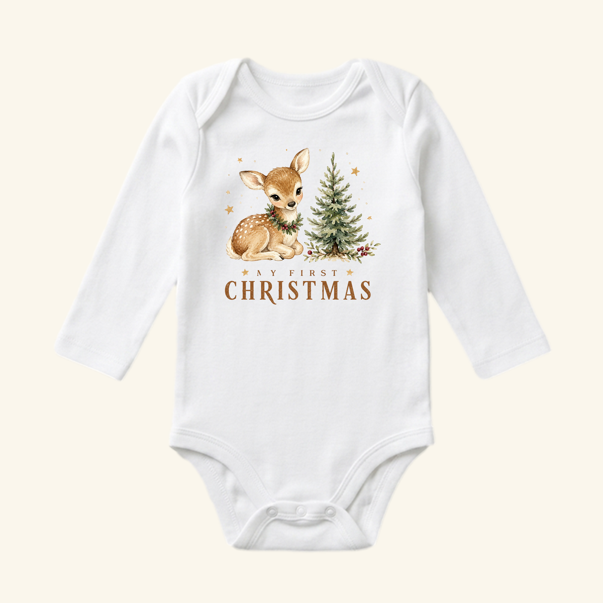 Toodleroos My First Christmas Baby Onesie – Woodland Fawn Bodysuit in white, featuring a long-sleeve design with a woodland fawn wearing a wreath next to a small Christmas tree.