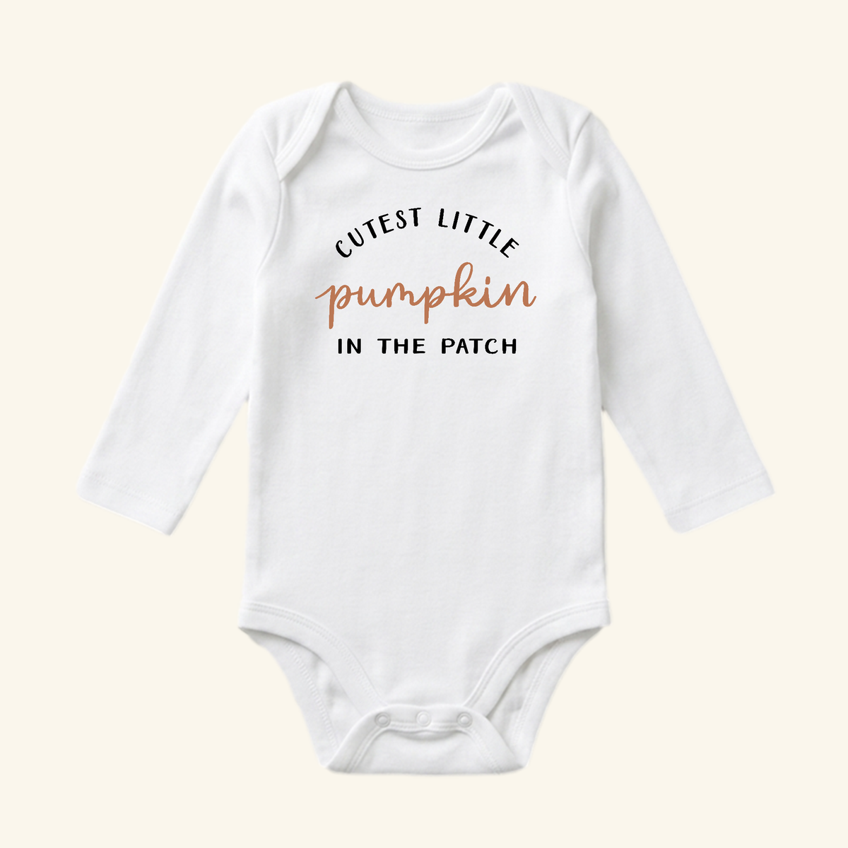 Toodleroos Pumpkin Baby Onesie – Cutest Little Pumpkin in the Patch Bodysuit, a white long-sleeve baby bodysuit with CUTEST LITTLE pumpkin IN THE PATCH printed on the chest.