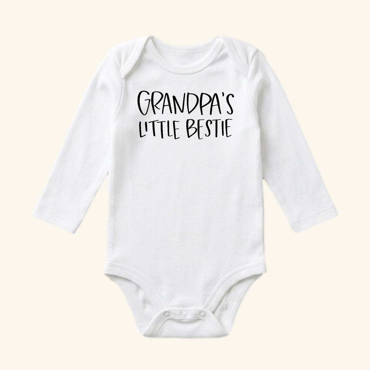 White long-sleeve Grandpa Baby Onesie – Grandpa’s Little Bestie Bodysuit with black lettering.