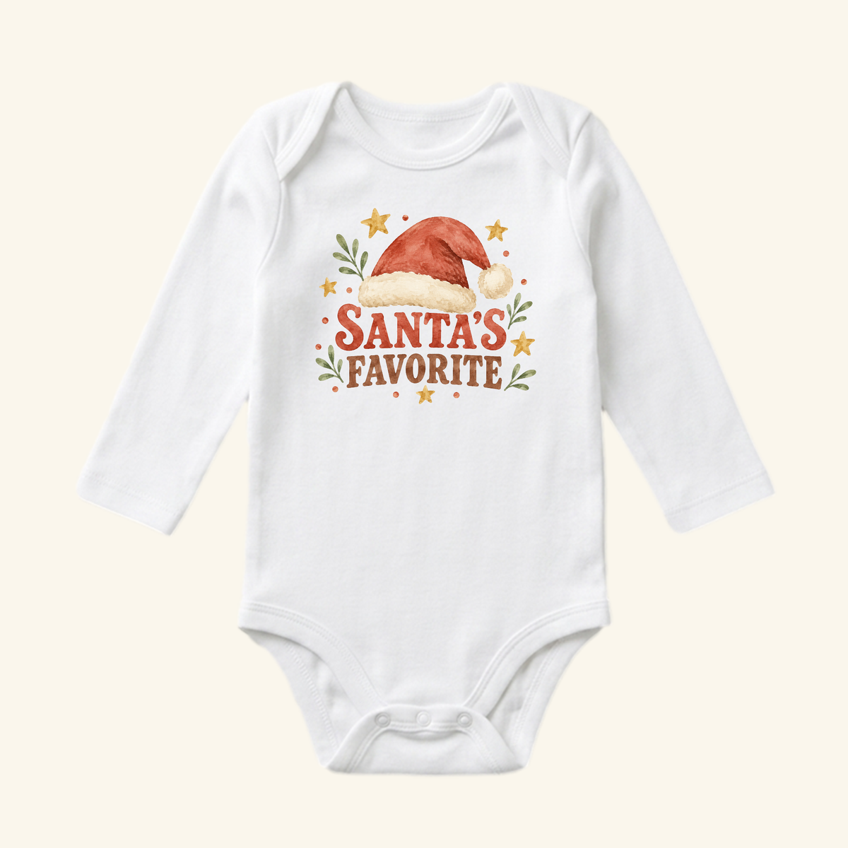 Santa’s Favorite Baby Onesie – Retro Christmas Santa Hat Bodysuit featuring a long-sleeve retro design, a Santa hat graphic, and red and green Santa’s Favorite lettering.