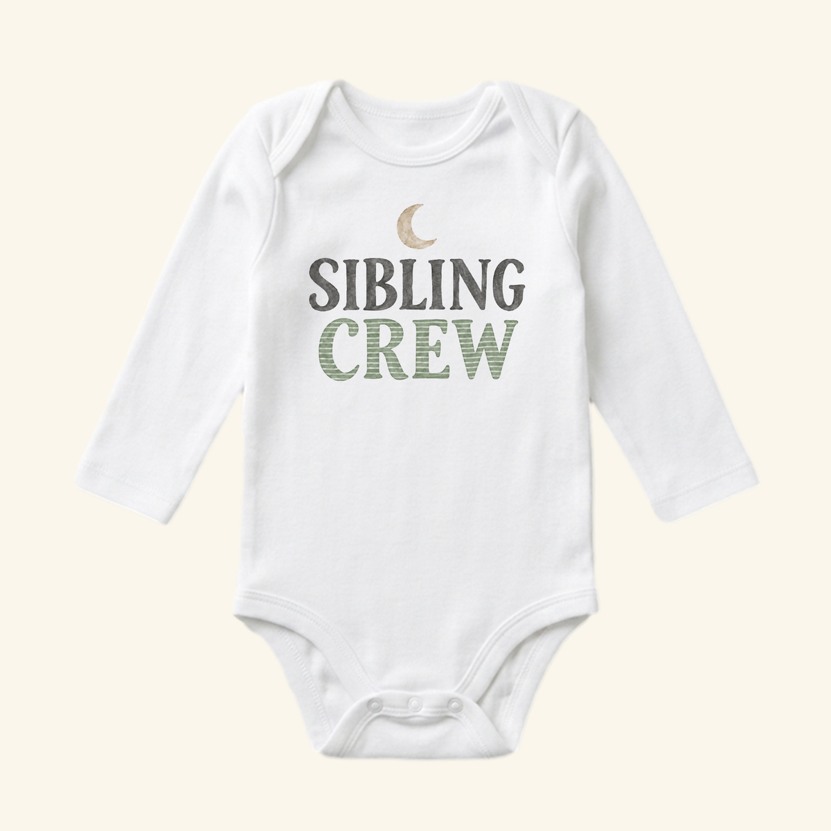 White long-sleeve Sibling Crew Baby Onesie – Moon Matching Sibling Bodysuit with a graphic of a crescent moon above the text SIBLING CREW.