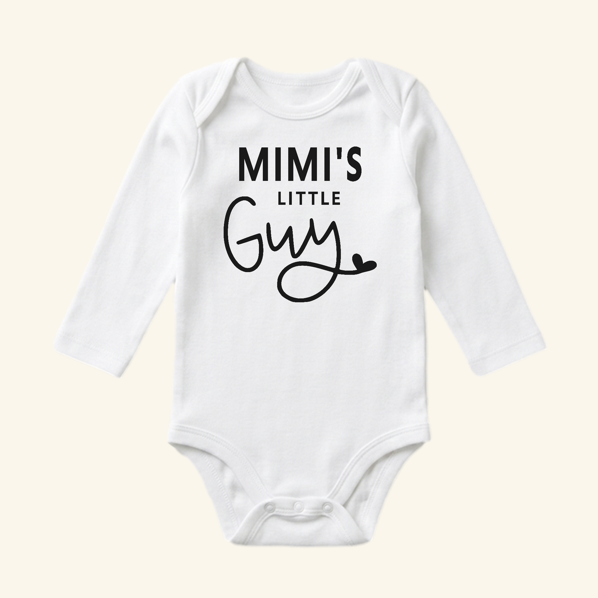 White long-sleeve Mimi Baby Onesie – Mimi’s Little Guy Bodysuit with the text printed in black on the front.