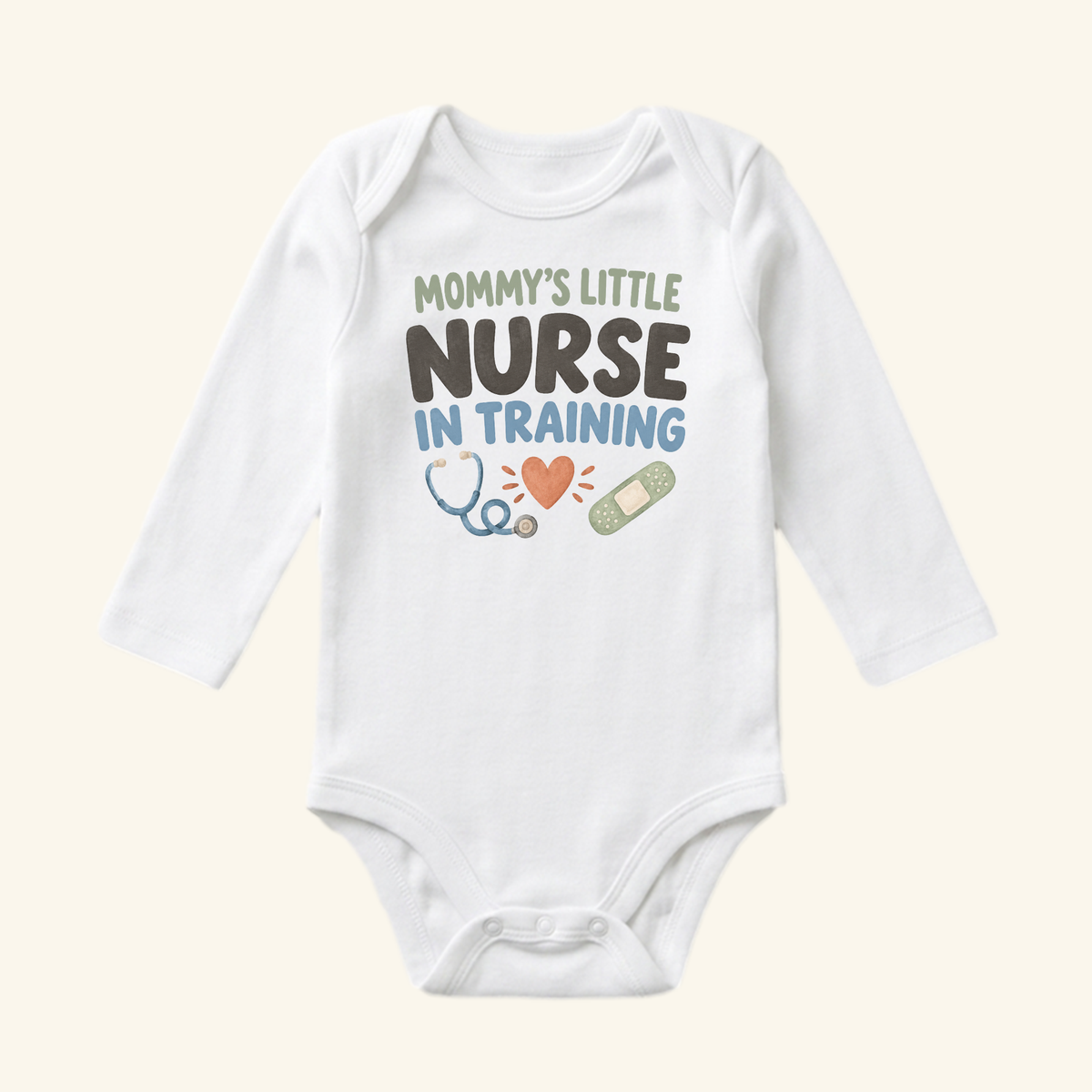 Mommy’s Little Nurse in Training Baby Onesie – Cute Nurse Mom Bodysuit, a white long-sleeve baby bodysuit featuring a nurse mom design with the text Mommy’s Little Nurse in Training above illustrations of a stethoscope, heart, and bandage.
