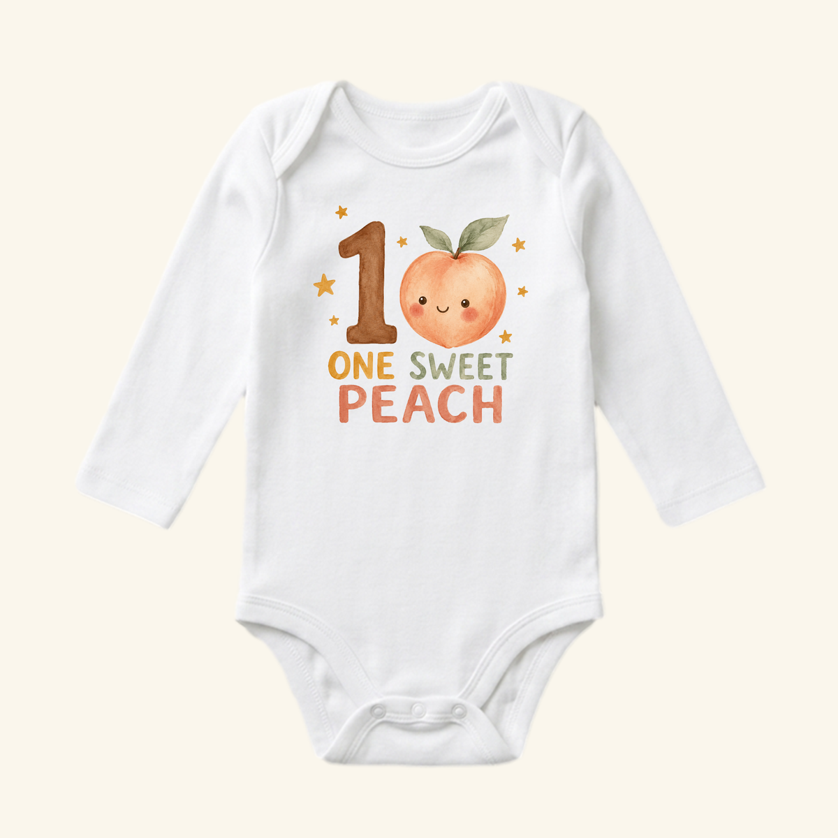 Toodleroos One Sweet Peach 1st Birthday Baby Onesie featuring a watercolor graphic of a smiling peach, the number 1, and the text ONE SWEET PEACH on a white long-sleeve bodysuit.