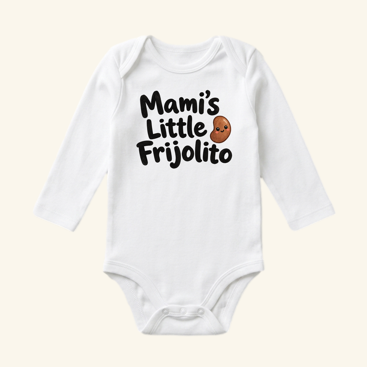 White long-sleeve Mami’s Little Frijolito Baby Onesie featuring a cartoon bean illustration and text on the chest.