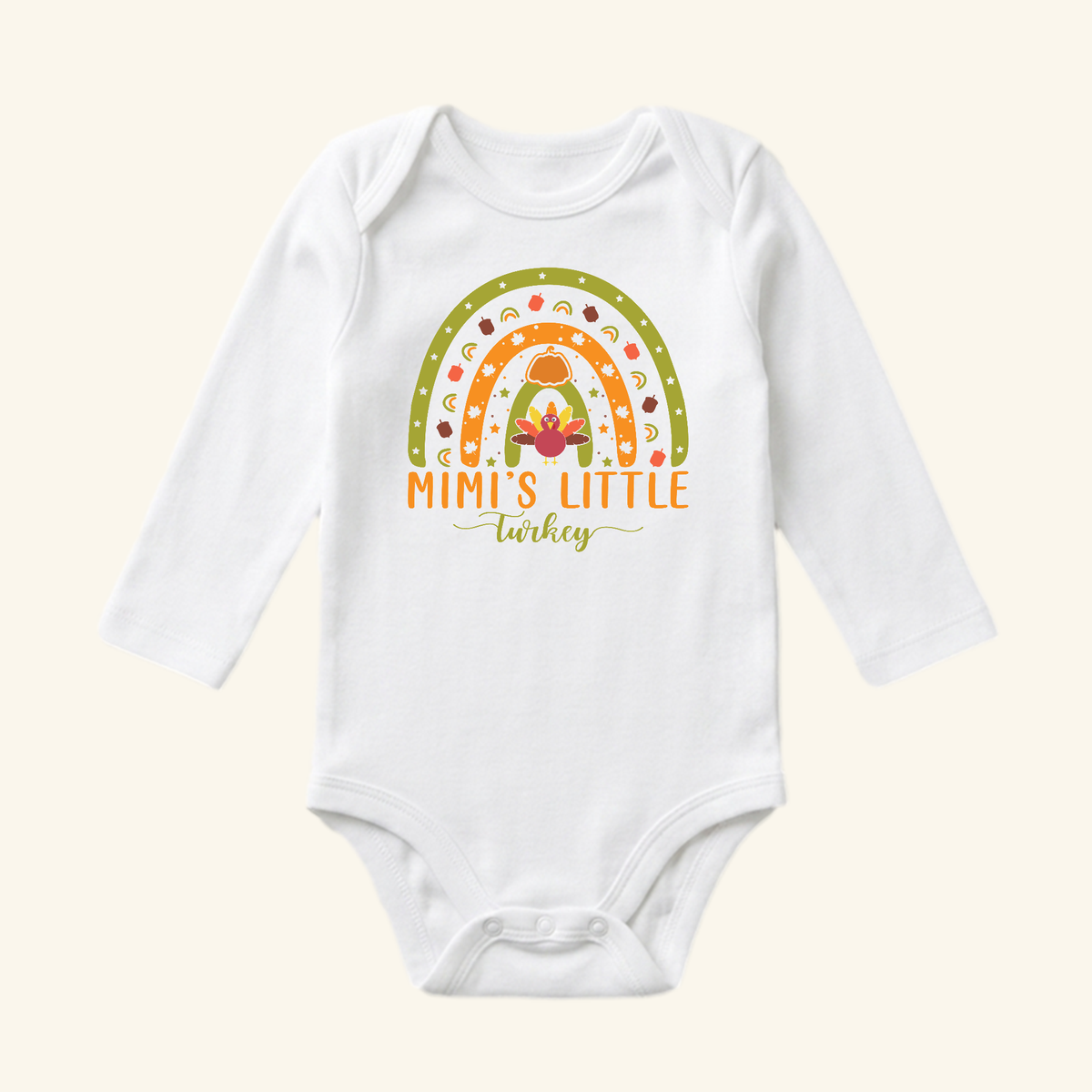 Toodleroos Mimi’s Little Turkey Baby Onesie – Grandma Thanksgiving Rainbow Bodysuit featuring a white long-sleeve bodysuit with a colorful autumn-themed rainbow, a turkey, and the text Mimi’s Little Turkey.