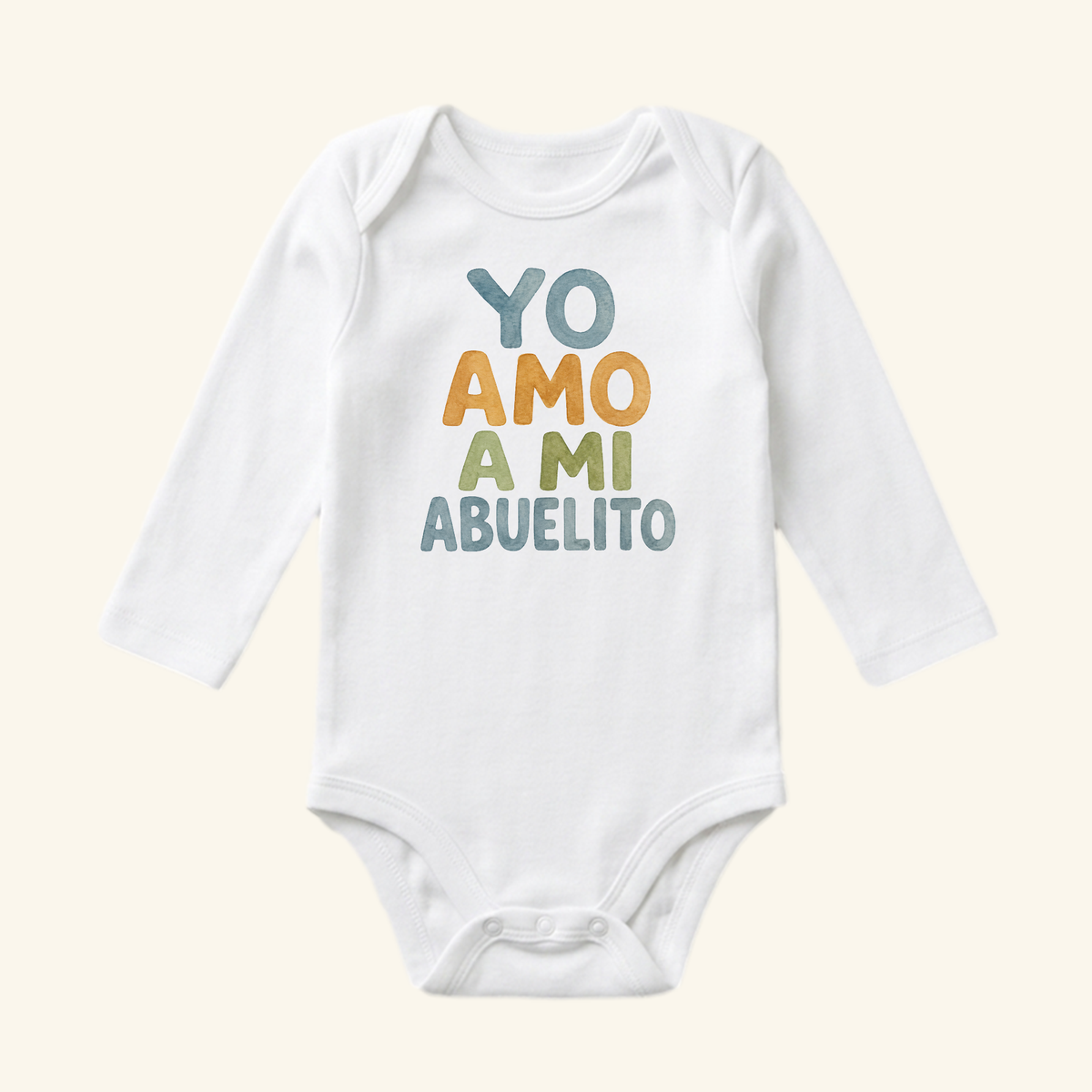 Yo Amo A Mi Abuelito Baby Onesie – Spanish Grandpa Bodysuit featuring a long-sleeved white onesie with YO AMO A MI ABUELITO printed on the chest in blue, orange, and green watercolor-style lettering.