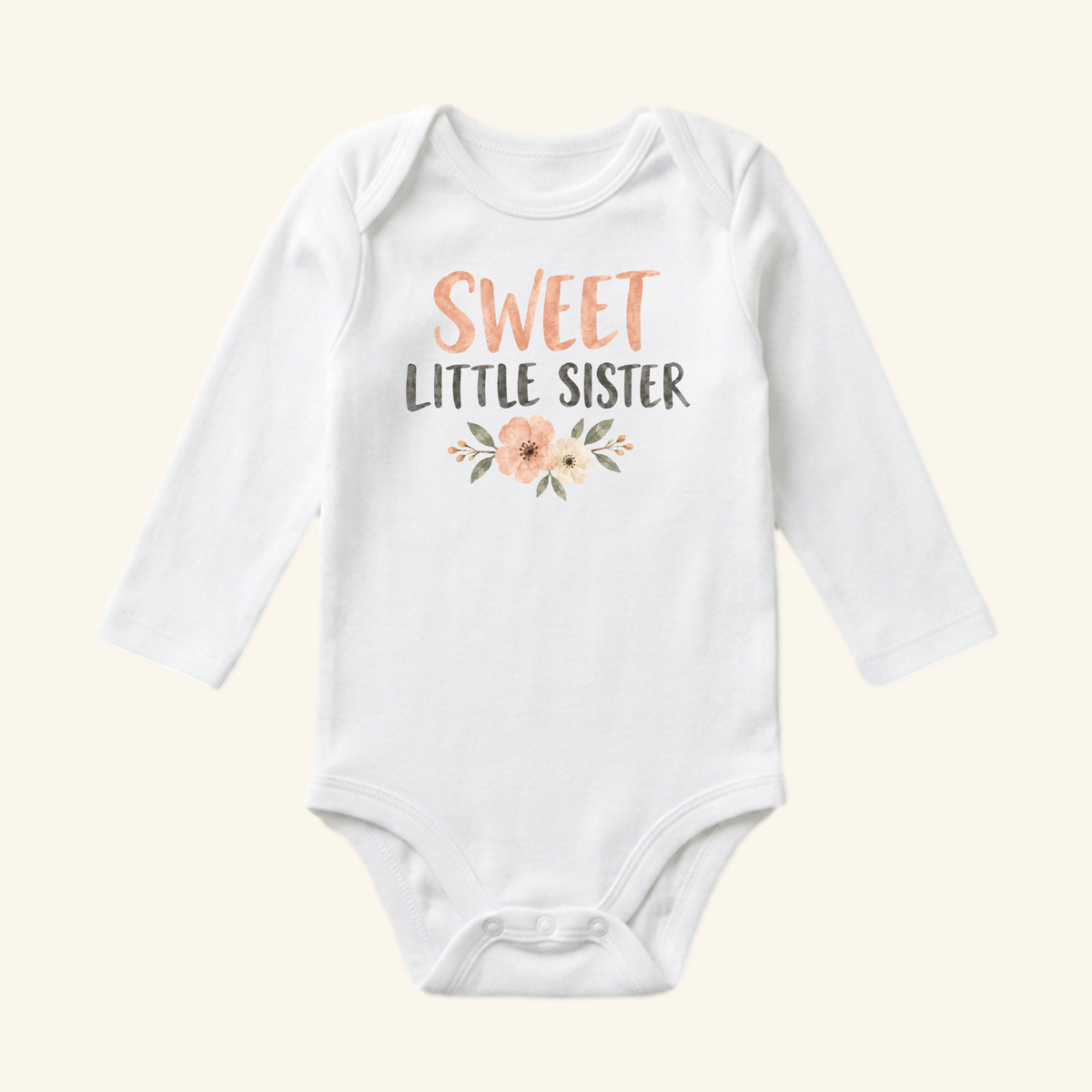 Sweet Little Sister Baby Onesie – Floral Sibling Bodysuit; a white long-sleeve floral baby bodysuit with the text SWEET LITTLE SISTER in peach and grey lettering.