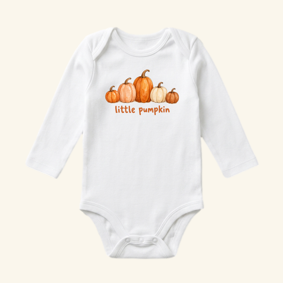 Little Pumpkin Baby Onesie – Watercolor Fall Pumpkin Bodysuit featuring a white long-sleeve baby bodysuit with a watercolor illustration of five pumpkins and orange little pumpkin text.