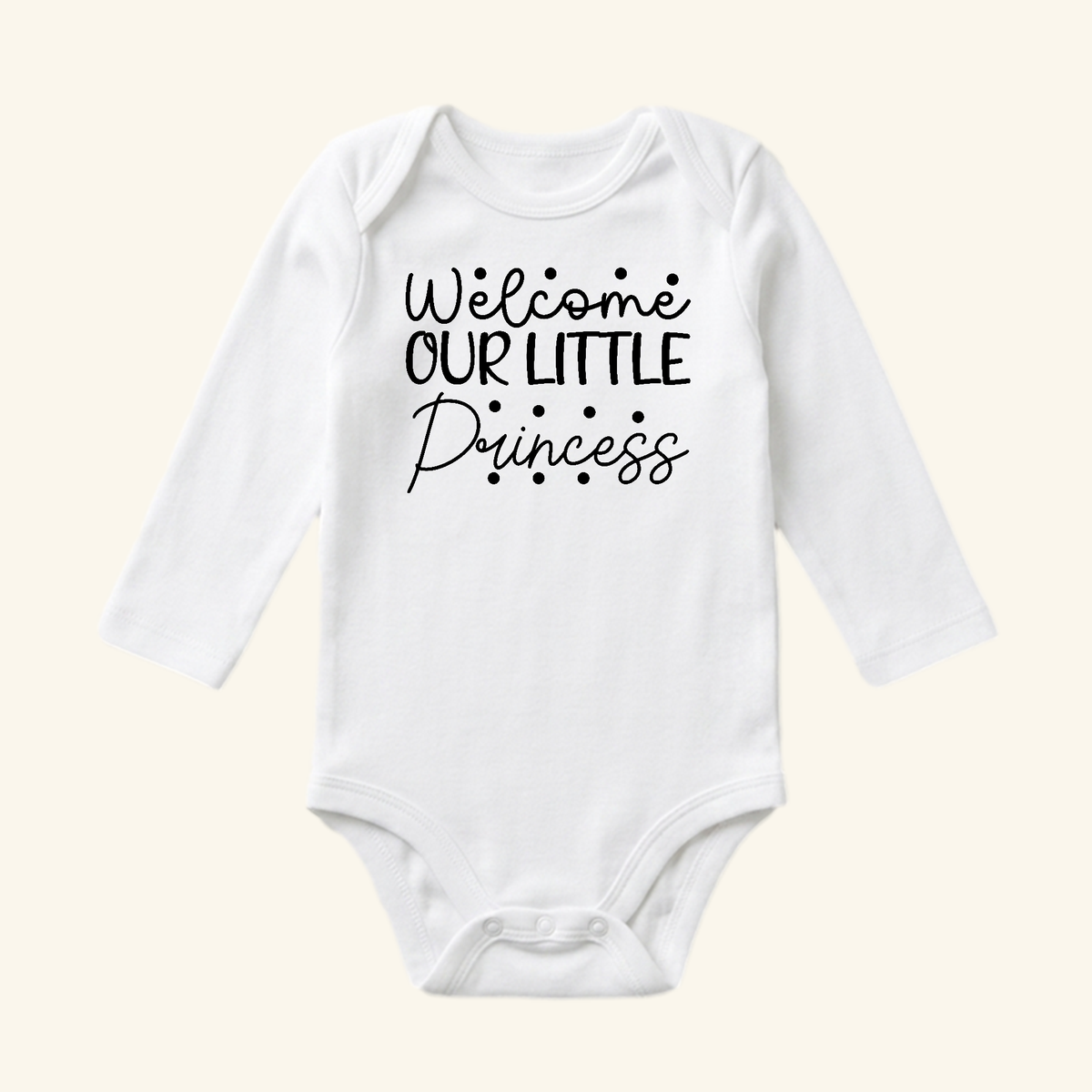 Toodleroos Baby Girl Onesie – Welcome Our Little Princess bodysuit, a white long-sleeve onesie with the text Welcome OUR LITTLE Princess in black print.