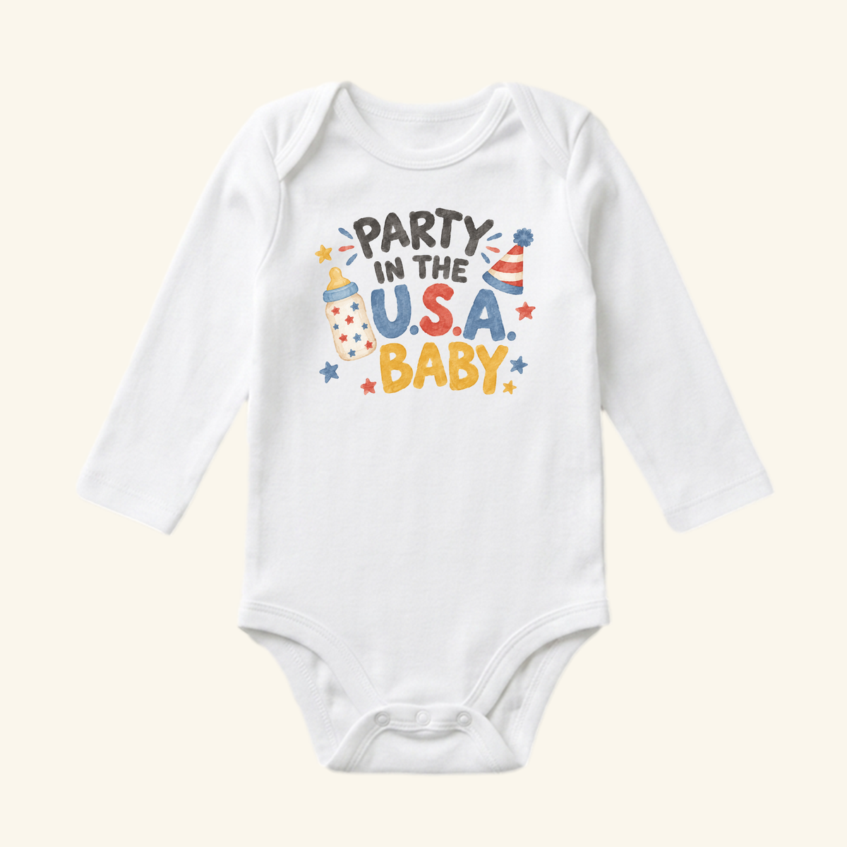Toodleroos Party in the USA Baby Onesie – Patriotic Baby Bottle Bodysuit featuring a white long-sleeve design with red, white, and blue illustrations of a baby bottle and party hat.