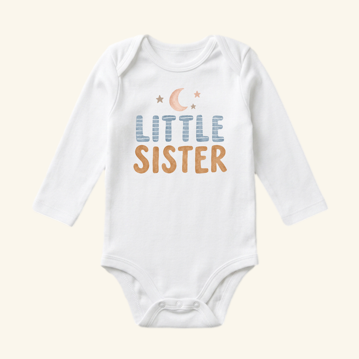 Toodleroos Little Sister Baby Onesie – Moon and Stars Sibling Bodysuit in white with long sleeves, featuring blue and tan text beneath a crescent moon and stars.