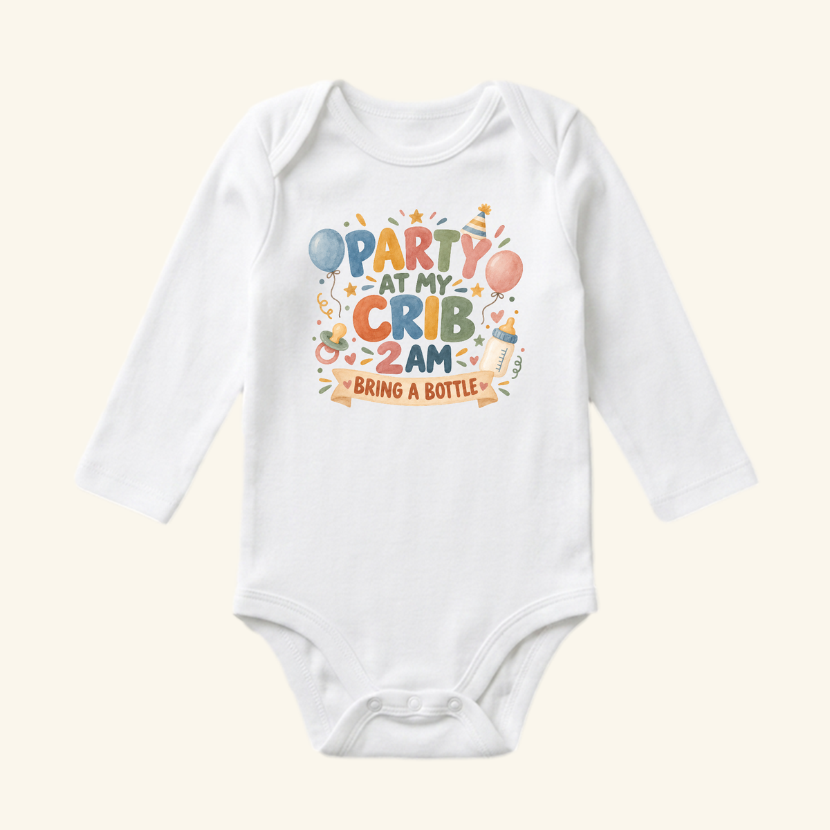 Toodleroos Party at My Crib 2AM Baby Onesie, a white long-sleeve bodysuit featuring a Party at my crib 2AM bring a bottle graphic surrounded by illustrations of balloons, a party hat, a pacifier, and a baby bottle.