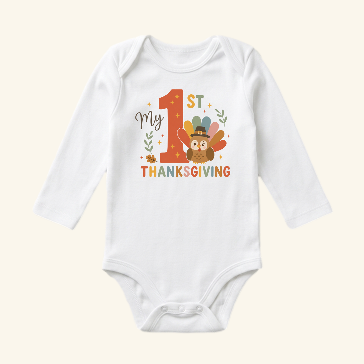Toodleroos My First Thanksgiving Baby Onesie – Colorful Turkey Bodysuit featuring a white long-sleeve design with a colorful turkey graphic and the text My 1st Thanksgiving.
