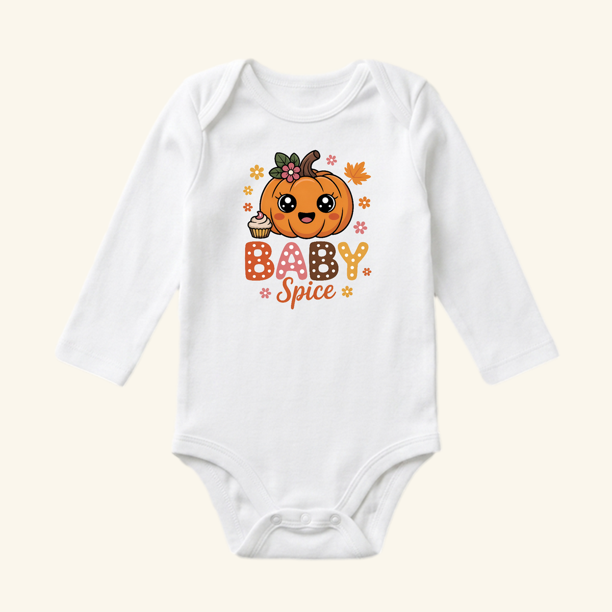 White long-sleeve Baby Spice Pumpkin Baby Onesie featuring a graphic of a smiling pumpkin, a cupcake, and the text BABY Spice.