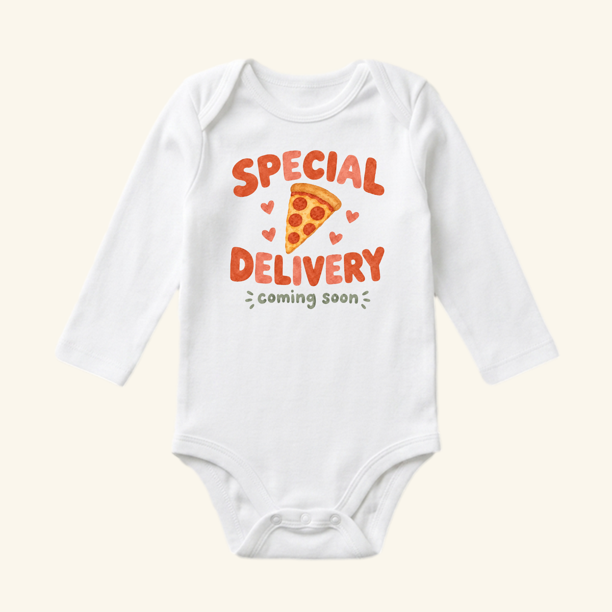 White long-sleeved Special Delivery Pizza Baby Onesie – Pregnancy Announcement Bodysuit featuring a pizza slice graphic and the text SPECIAL DELIVERY coming soon.
