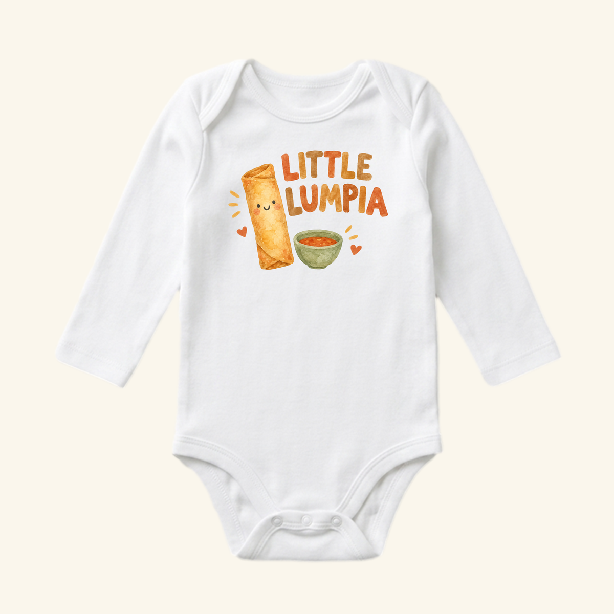 White long-sleeve Little Lumpia Baby Onesie featuring a graphic of a smiling lumpia, a bowl of dipping sauce, and the text LITTLE LUMPIA.