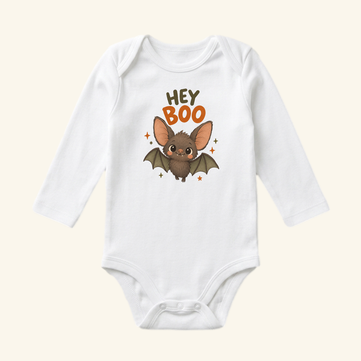 White long-sleeved Hey Boo Bat Baby Halloween Onesie – Cute Bat Bodysuit featuring a smiling bat illustration and the text HEY BOO.