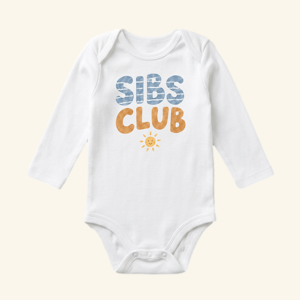 White long-sleeve Sibs Club Baby Onesie – Matching Sibling Smiley Sun Bodysuit with blue and orange block lettering above a small yellow smiley sun icon.