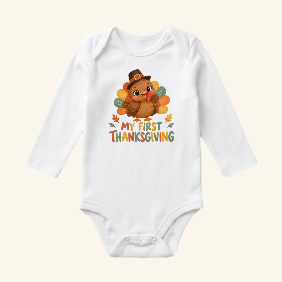 White long-sleeve My First Thanksgiving Baby Onesie – Pilgrim Turkey Bodysuit featuring a cartoon turkey in a pilgrim hat with My First Thanksgiving text underneath.