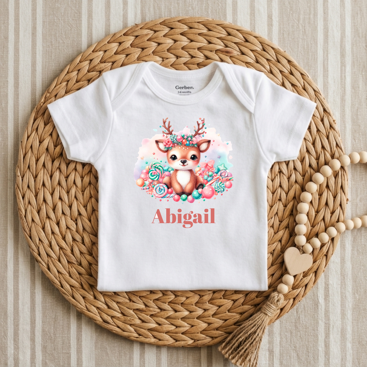 Custom Candy Deer Baby Onesie – Personalized Name Bodysuit