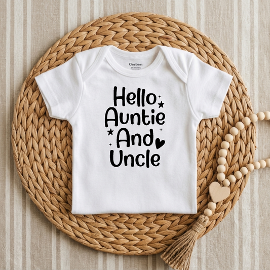 Hello Auntie and Uncle Long Sleeve Baby Onesie