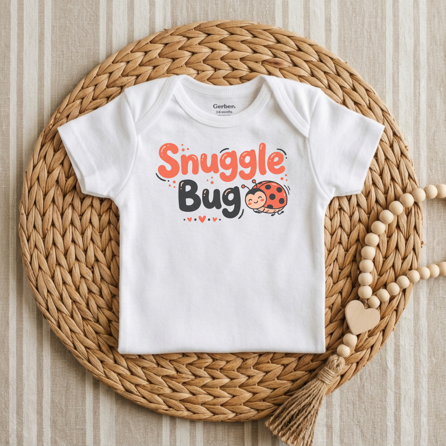 A white short-sleeve baby bodysuit laid flat on a round woven straw mat, featuring the text 'Snuggle Bug' in orange and black with a ladybug graphic. The bodysuit is styled with a wooden bead garland on a light wood background.
