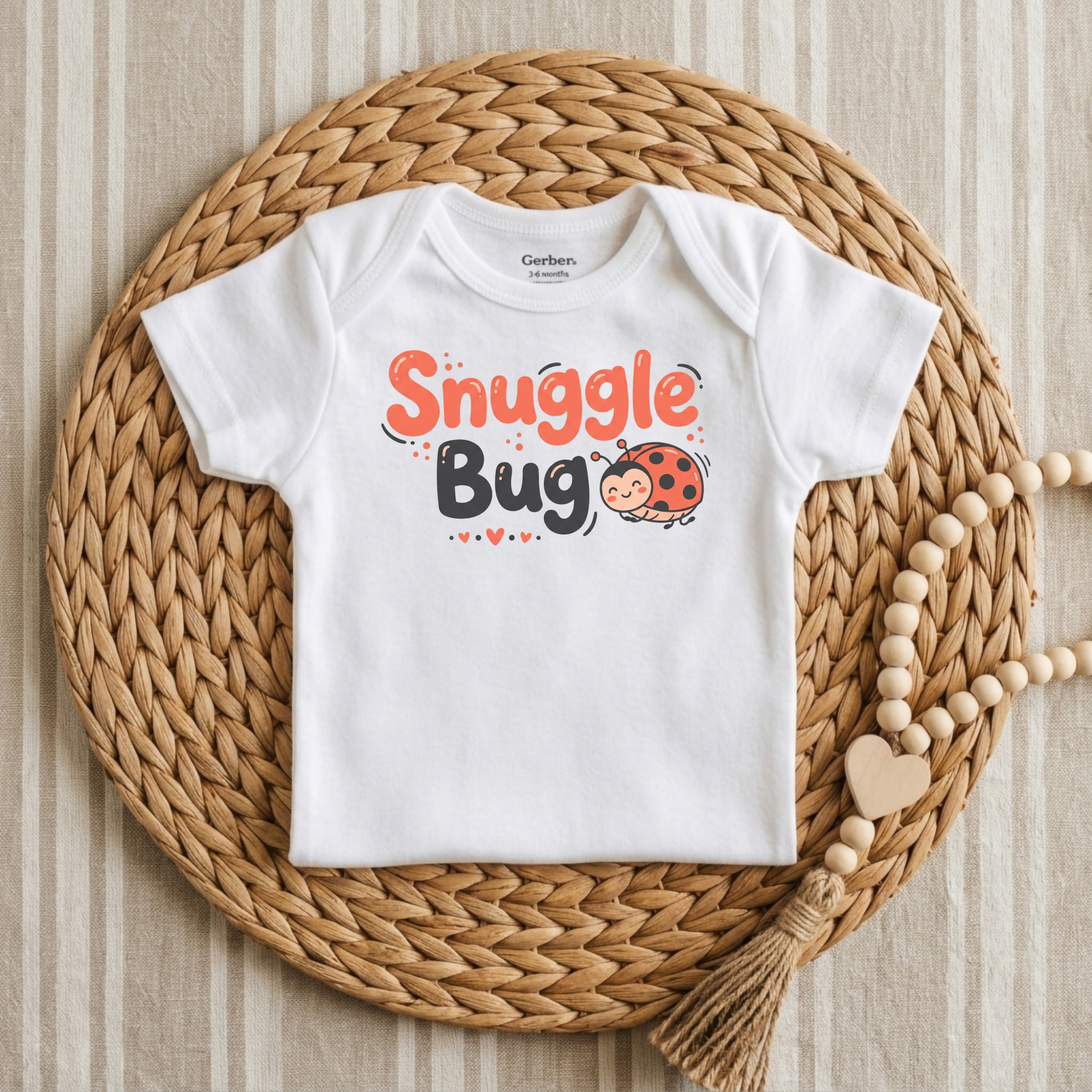 A white short-sleeve baby bodysuit laid flat on a round woven straw mat, featuring the text 'Snuggle Bug' in orange and black with a ladybug graphic. The bodysuit is styled with a wooden bead garland on a light wood background.