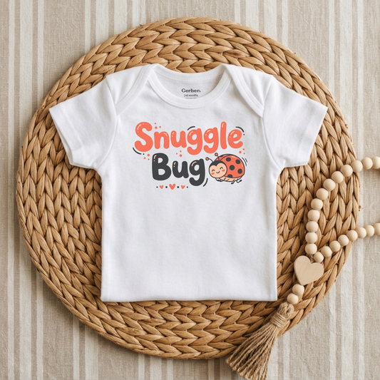 A white short-sleeve baby bodysuit laid flat on a round woven straw mat, featuring the text 'Snuggle Bug' in orange and black with a ladybug graphic. The bodysuit is styled with a wooden bead garland on a light wood background.