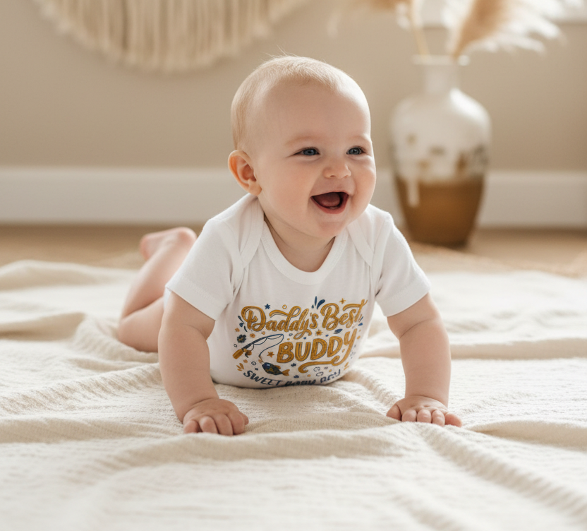 A baby lying on their stomach on a cream blanket in a bright room, wearing a white short-sleeve bodysuit with a gold and blue graphic that reads 'Daddy's Best Buddy'.