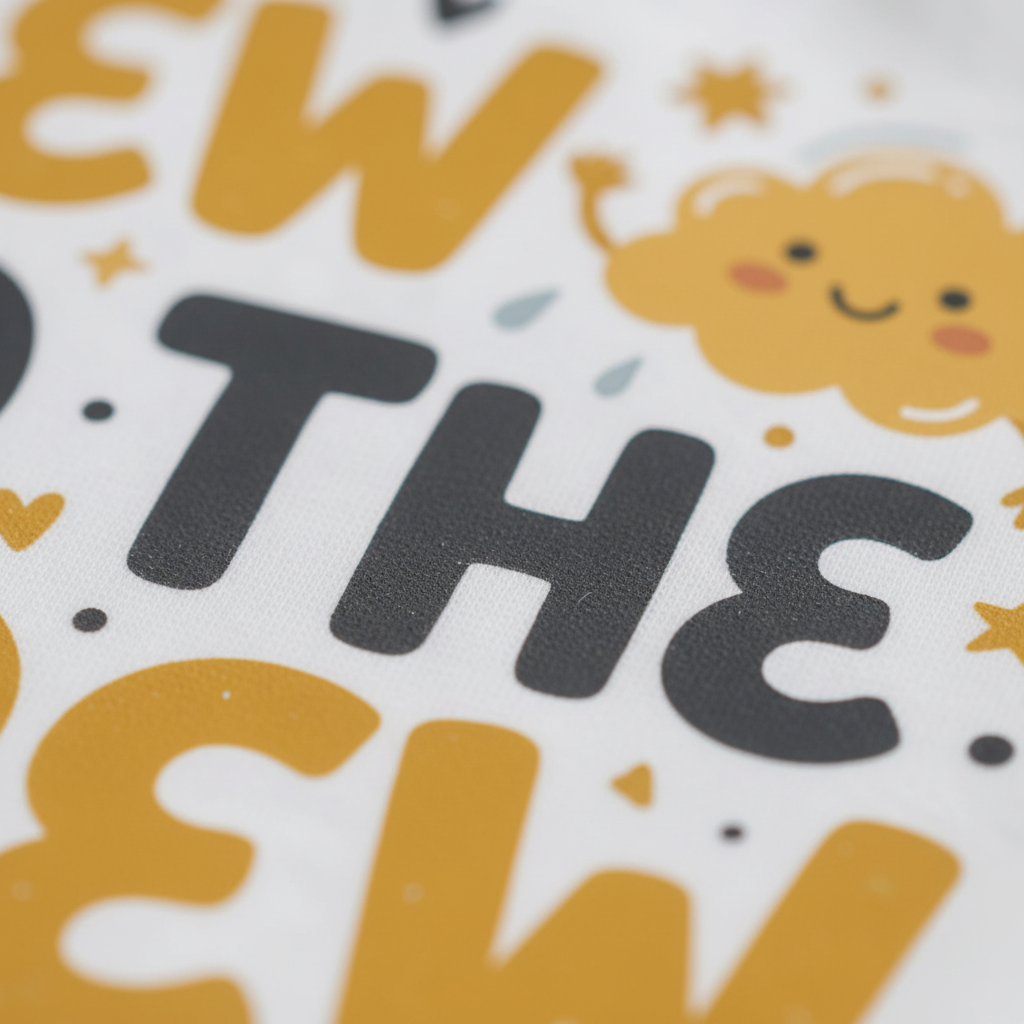 Close-up of a printed design with large mustard yellow and dark gray lettering on a white background, plus a small smiling yellow cloud illustration.