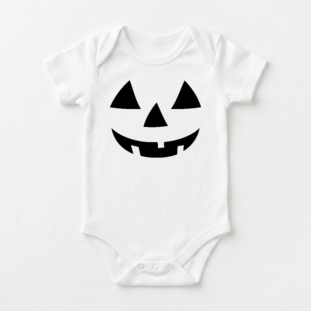 Dress your little one in the Jack-O-Lantern Face Baby Onesie – Halloween Bodysuit, a white baby outfit featuring a classic black jack-o-lantern face with triangle eyes, a triangle nose, and a wide smile with two teeth—making it the perfect playful choice for baby’s first Halloween.