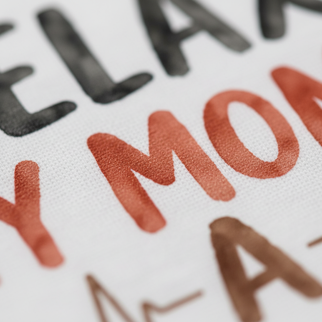 Close-up of vibrant, colorful printed letters on white fabric spelling out “My Mom’s a Paramedic” in bold red-orange—Toodleroos’ Paramedic Mom Baby Onesie, a playful short-sleeve bodysuit perfect as a baby shower gift or a thoughtful present for any paramedic mom.