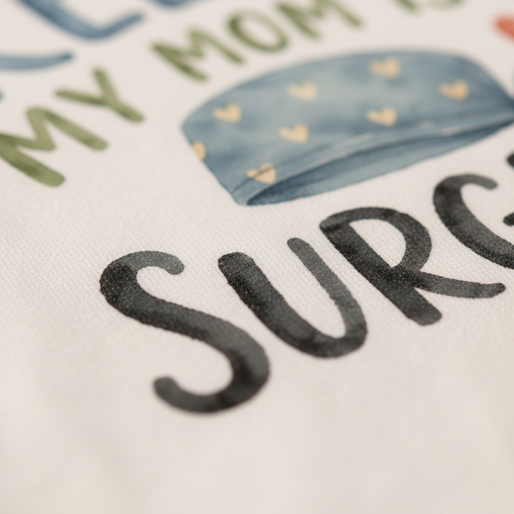 Close-up of the Surgeon Mom Baby Onesie by Toodleroos, featuring printed text that reads “MY MOM IS A SURG” alongside an illustration of a blue surgical cap adorned with small yellow hearts—hinting at the complete phrase, “My mom is a surgeon.” This charming short-sleeve bodysuit is the perfect surgeon mom gift, honoring her vital role with both fun and affection.