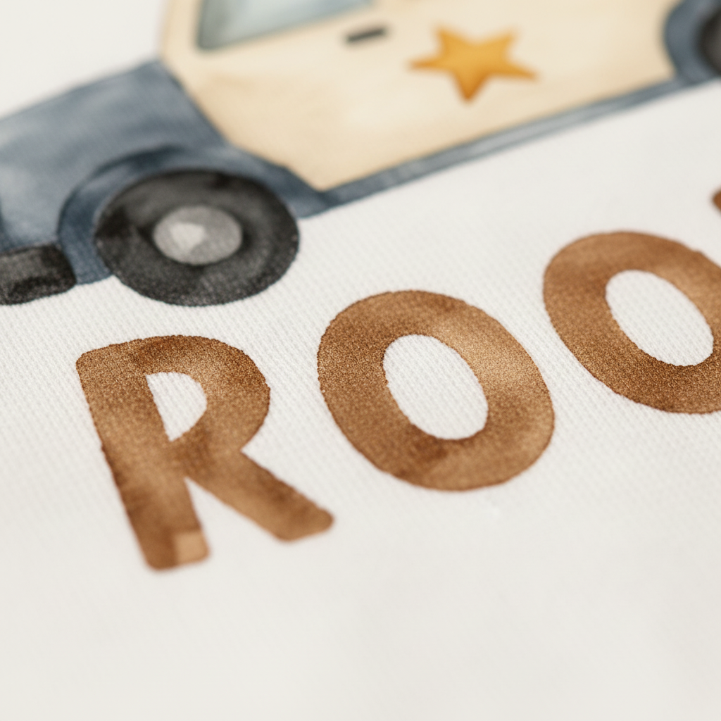 A close-up of a drawing highlights part of a police car and the brown letters “ROO” on a white background, reminiscent of the design featured on the Toodleroos Police Baby Onesie – Little Rookie Short-Sleeve Law Enforcement Bodysuit, making it an adorable baby gift for police families.