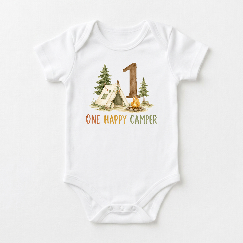 First Birthday Baby Onesie – One Happy Camper Camping Bodysuit