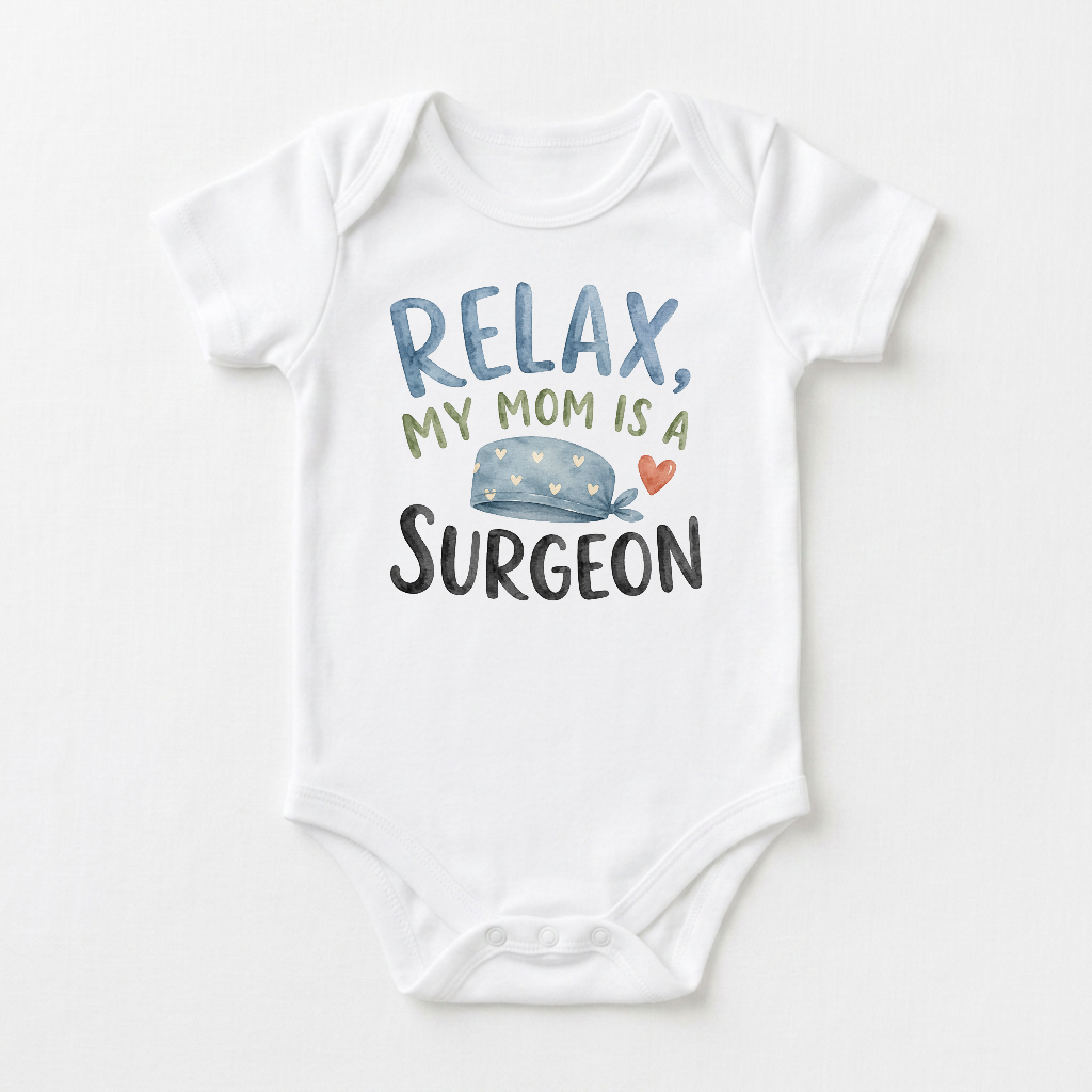 Dress your little one in the Toodleroos Surgeon Mom Baby Onesie – My Mom Is a Surgeon Short-Sleeve Bodysuit, featuring the playful text “RELAX, MY MOM IS A SURGEON” and an illustration of a blue surgical cap with a cute red heart. This adorable medical-themed bodysuit is the perfect gift for any new surgeon mom welcoming her baby.