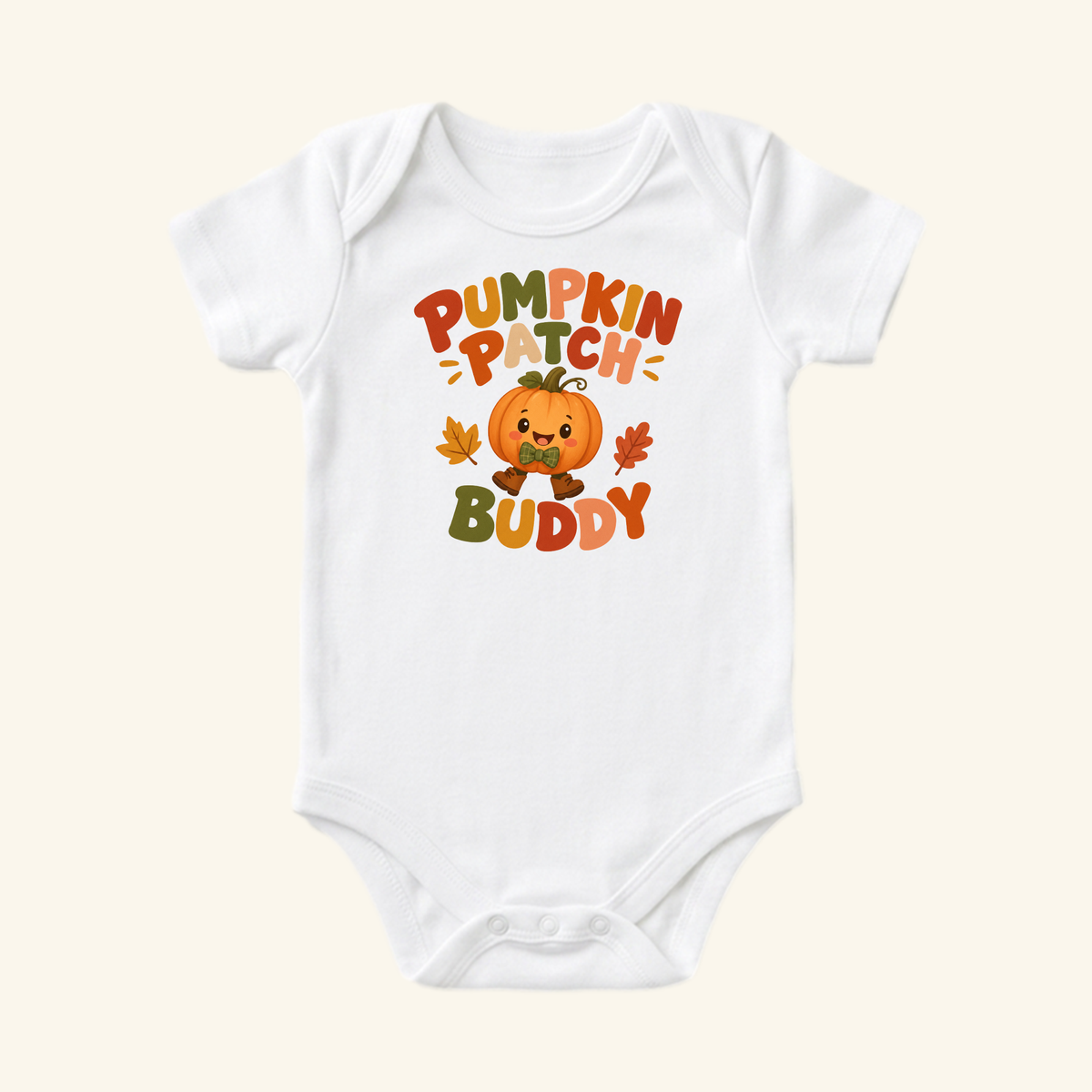 Toodleroos Pumpkin Patch Buddy Baby Onesie featuring a smiling pumpkin character in a bowtie, surrounded by autumn leaves and the text PUMPKIN PATCH BUDDY.