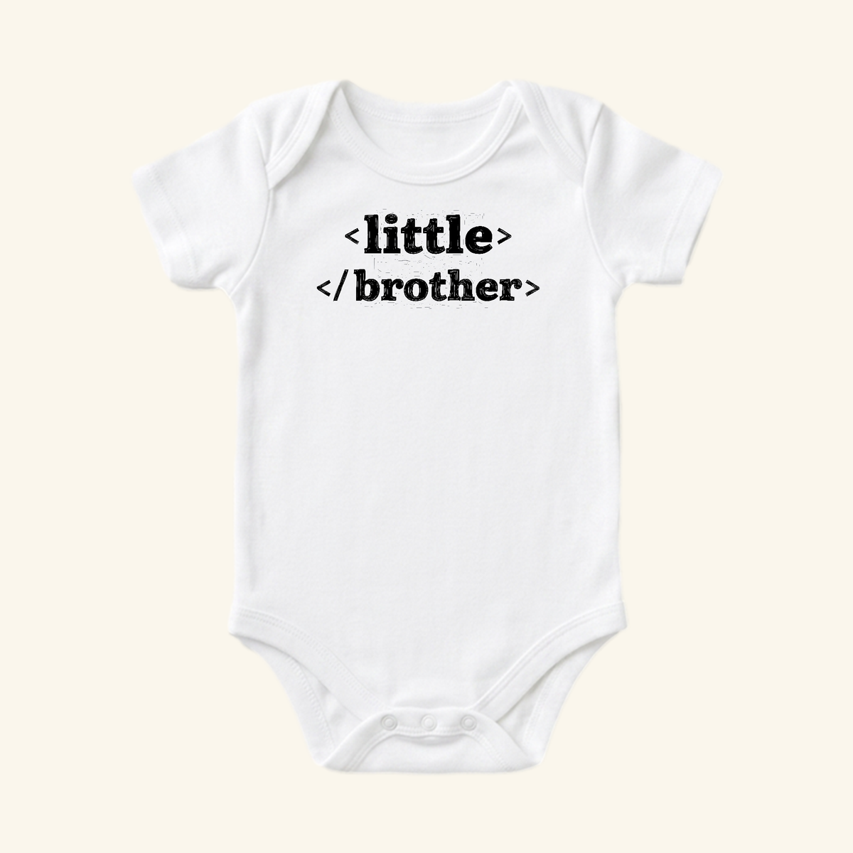 White short-sleeved Little Brother Baby Onesie – HTML Code Sibling Bodysuit with the text little and /brother enclosed in angle brackets.