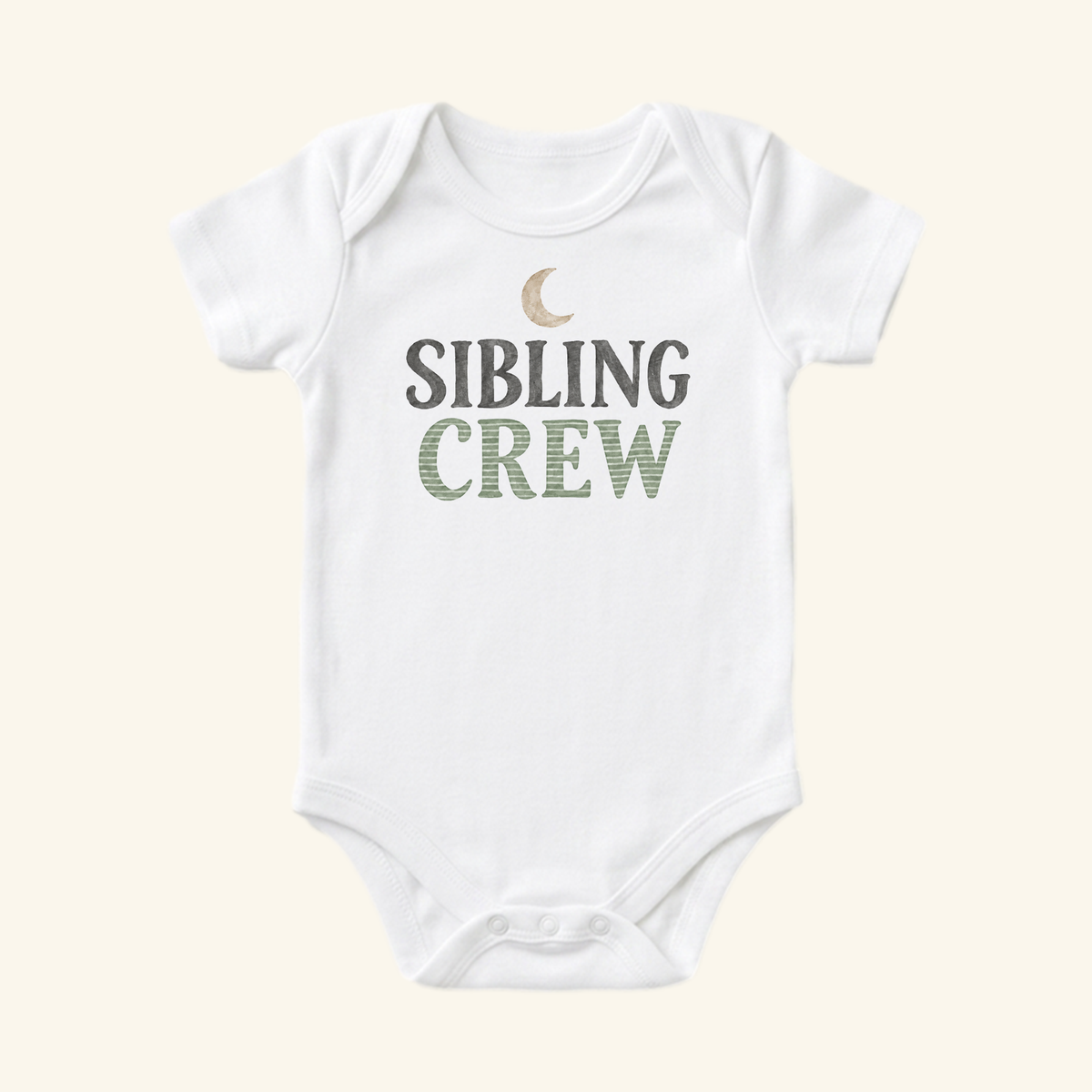 Toodleroos Sibling Crew Baby Onesie – Moon Matching Sibling Bodysuit: a white bodysuit featuring a crescent moon icon above the text Sibling Crew in gray and green striped lettering.