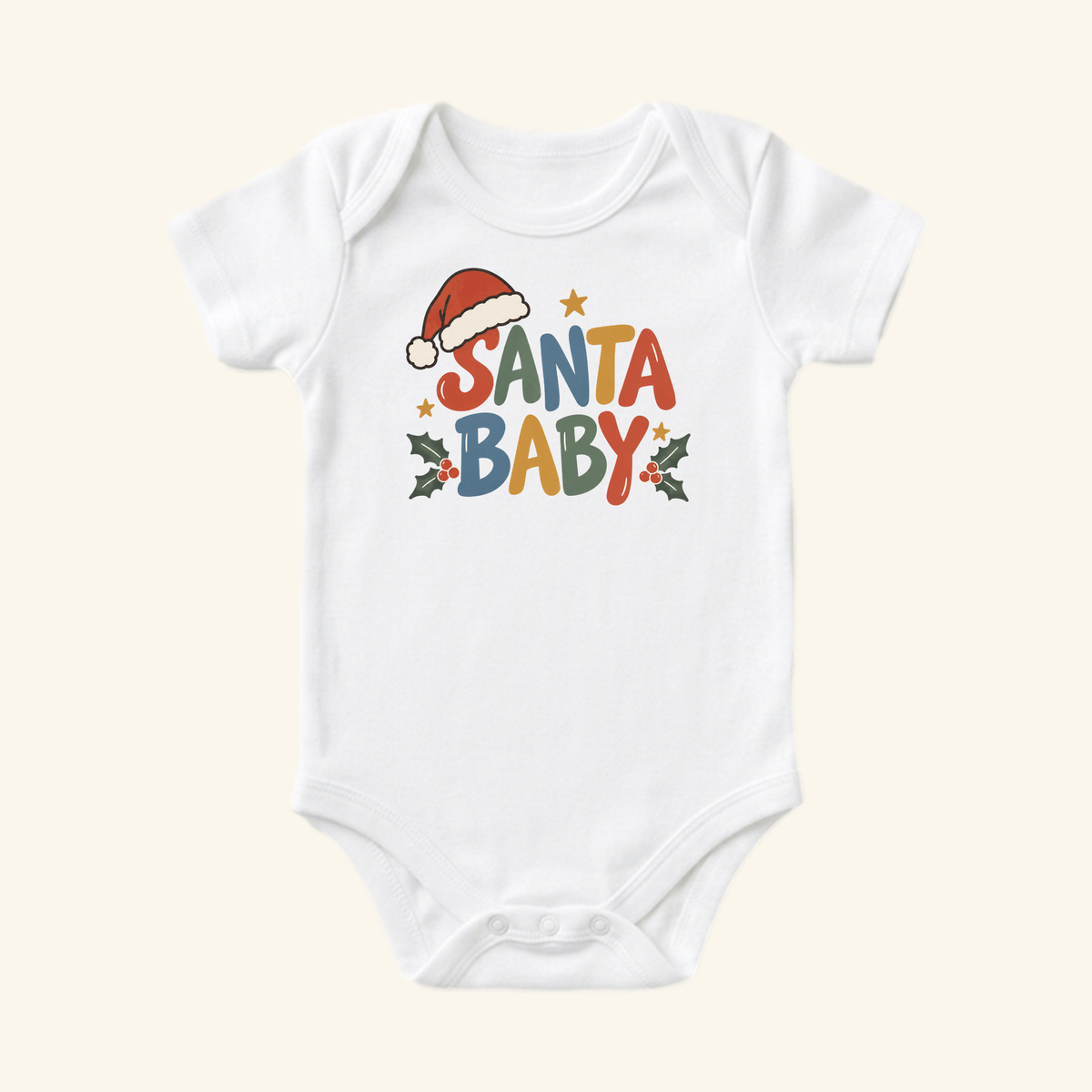 Toodleroos Santa Baby Onesie – Retro Christmas Santa Hat Bodysuit featuring a retro SANTA BABY design in colorful lettering, finished with a small Santa hat, gold stars, and holly accents.