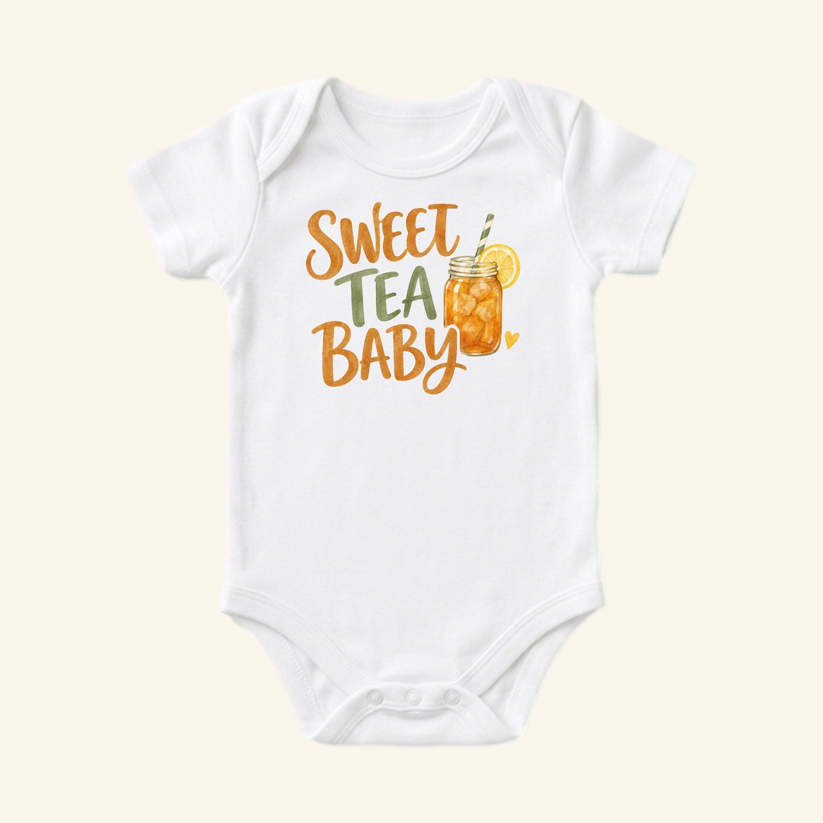 White Sweet Tea Baby Onesie – Southern Mason Jar Iced Tea Bodysuit featuring a graphic of a mason jar of iced tea and the text Sweet Tea Baby.